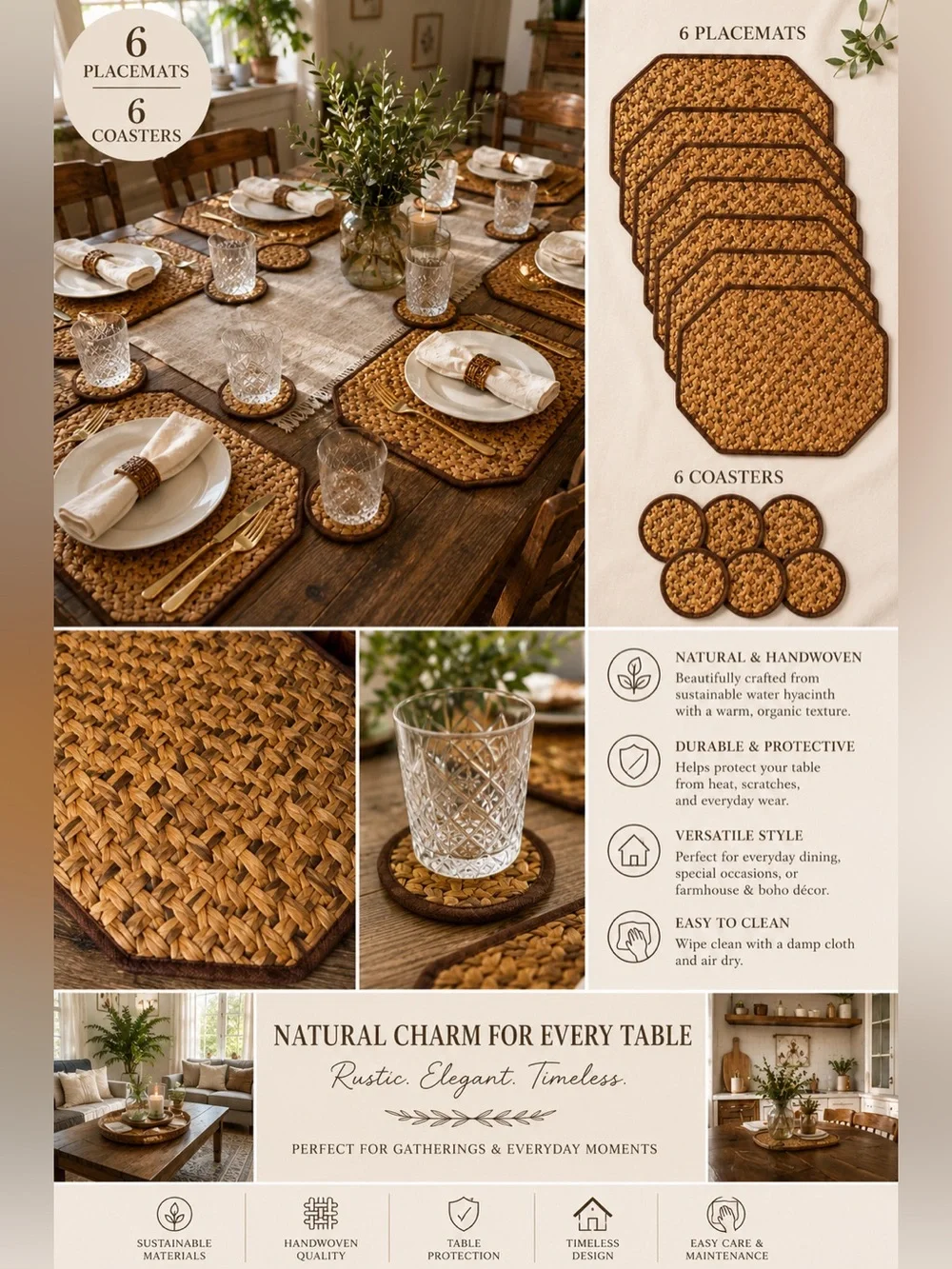 Set of 6 Handwoven Water Hyacinth Placemats & 6 Matching Coasters | Boho